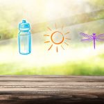 sunlight on a log with a sun hat, water bottle, sun, dragonfly and sunscreen