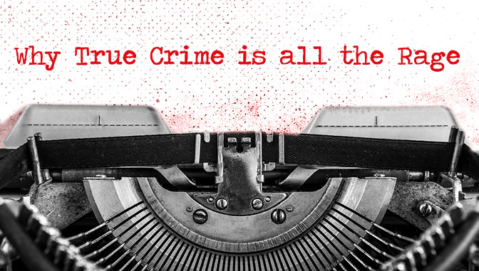 máquina de escribir con &quot;por qué el verdadero crimen está de moda&quot;