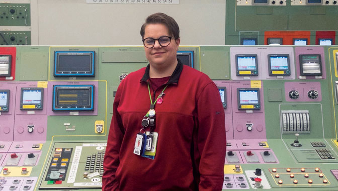 Joanna Lew, nuclear engineering technology degree alum at her workplace, Exelon