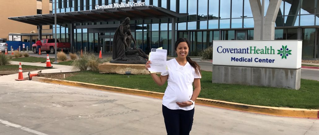 Lynda Yazhari outside Covenant Health Medical Center after passing her CPNE