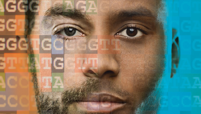 Photo of 2 mens faces blended together with DNA sequence overlay