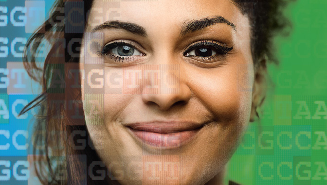Photo of 2 women's faces blended together with DNA sequence overlay