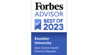 Badge recognizing Excelsior University as one of Forbes Advisor's Best Online Health Science Programs of 2023.