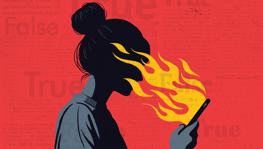 Illustration of a woman's mobile phone shooting out flames