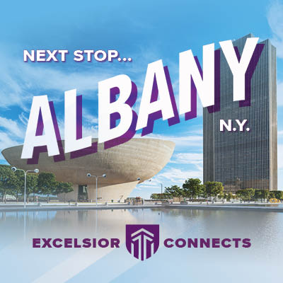 The words Next Stop Albany over the local Albany, New York Skyline