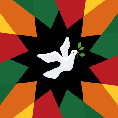 white dove carrying an olive branch in the middle of an orange, green and yellow geometric pattern
