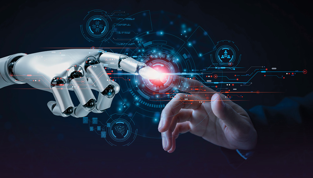 Robot hand and human hand touching index fingers