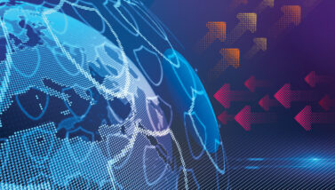 Graphic illustration of AI in cybersecurity, with defensive AI systems repelling offensive AI systems