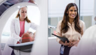 Split screen image of two different types of careers in health care, with a clinical tech positioning a man’s head for a CT scan on the left and a smiling administrator holding a file folder on the right.