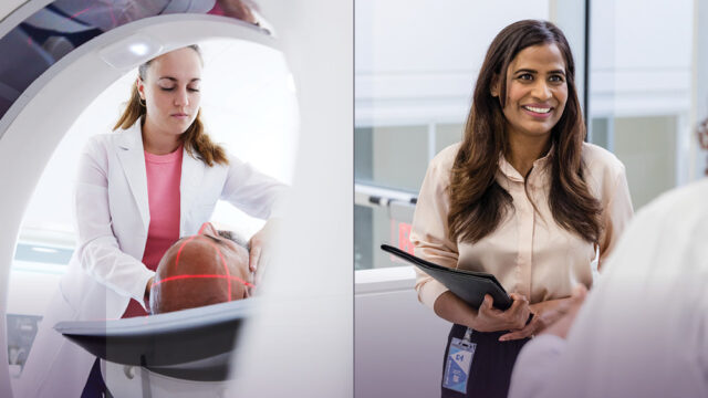 Split screen image of two different types of careers in health care, with a clinical tech positioning a man’s head for a CT scan on the left and a smiling administrator holding a file folder on the right.