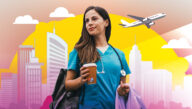 Travel nurse carrying a satchel and holding a to-go cup of coffee in front of a city skyline with an airplane taking off in the background