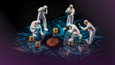 Plastic figures of investigators dressed in white full-body contamination suits and blue latex gloves are placed on a circuit board around a fingerprint.