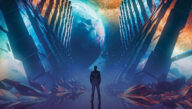 The silhouette of person stands amid crystalline and technological structures and gazes toward a planet looming on the horizon.