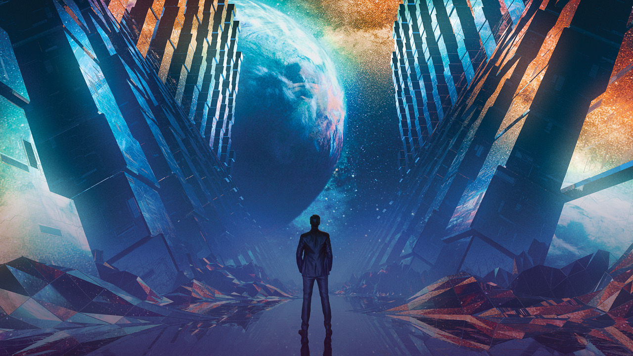 The silhouette of person stands amid crystalline and technological structures and gazes toward a planet looming on the horizon.