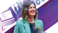 An executive in a teal blazer smiles over images of a laptop, a meeting, and hands shaking.