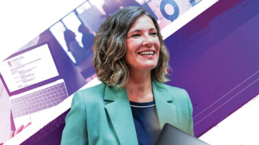 An executive in a teal blazer smiles over images of a laptop, a meeting, and hands shaking.
