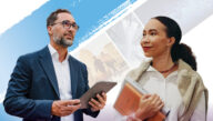 Businessman with a clipboard juxtaposed with a smiling professor holding books