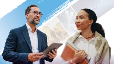 Businessman with a clipboard juxtaposed with a smiling professor holding books