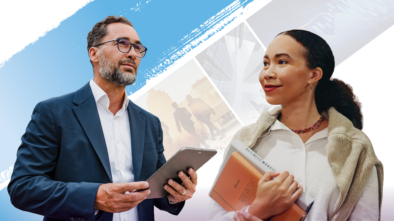 Businessman with a clipboard juxtaposed with a smiling professor holding books