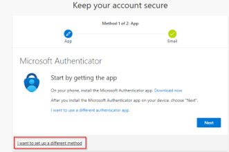 Microsoft authenticator prompt screen with the linked text I want to set up a different method highlighted