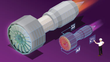Mechanical engineering technologist working on the digital twin of a jet engine