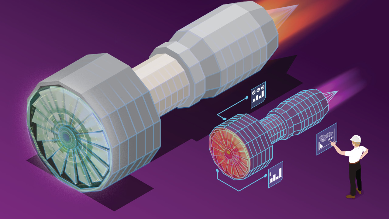 Mechanical engineering technologist working on the digital twin of a jet engine