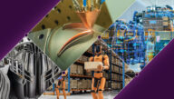 Clockwise from left: complex metal structure produced through 3D printing, advanced additive laser melting metal, digital twin of an airplane engine, and a humanoid robot carrying a box in a warehouse