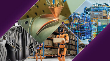 Clockwise from left: complex metal structure produced through 3D printing, advanced additive laser melting metal, digital twin of an airplane engine, and a humanoid robot carrying a box in a warehouse