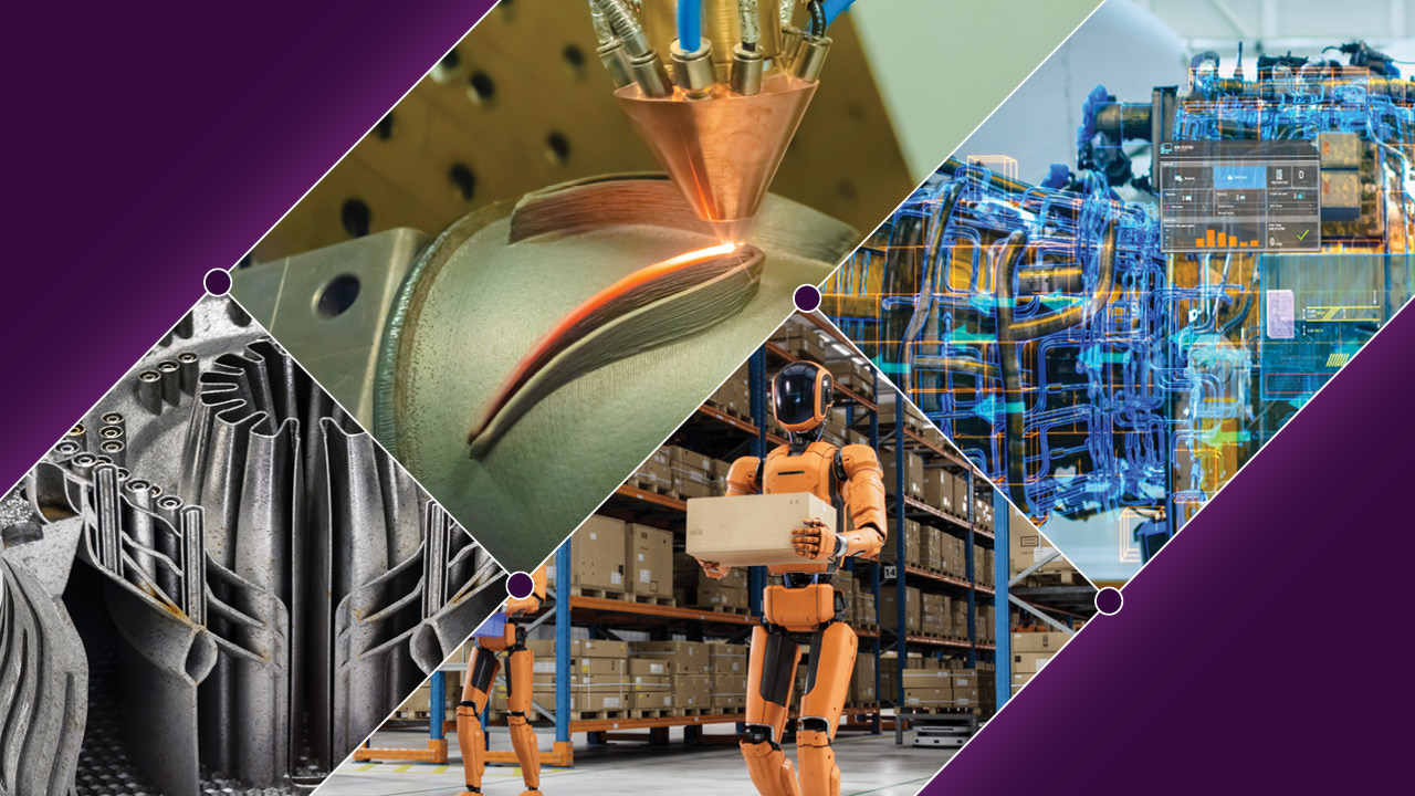 Clockwise from left: complex metal structure produced through 3D printing, advanced additive laser melting metal, digital twin of an airplane engine, and a humanoid robot carrying a box in a warehouse