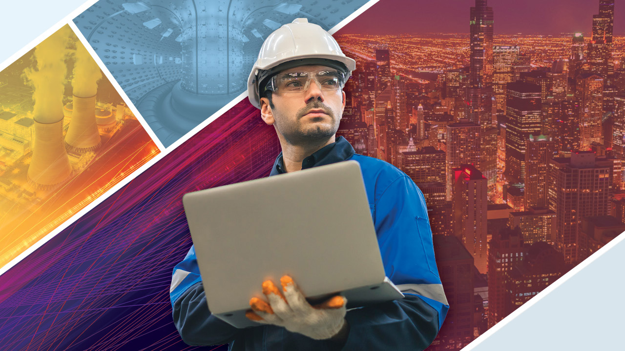 Nuclear engineering technologist in safety goggles and a hard hat holding a laptop in front of a backdrop of nuclear power generation and a cityscape lit at night